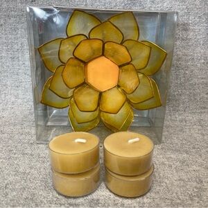 Capiz Shell Brass Lotus Flower Votive Tealight Candle Holder Beeswax Tea Lights